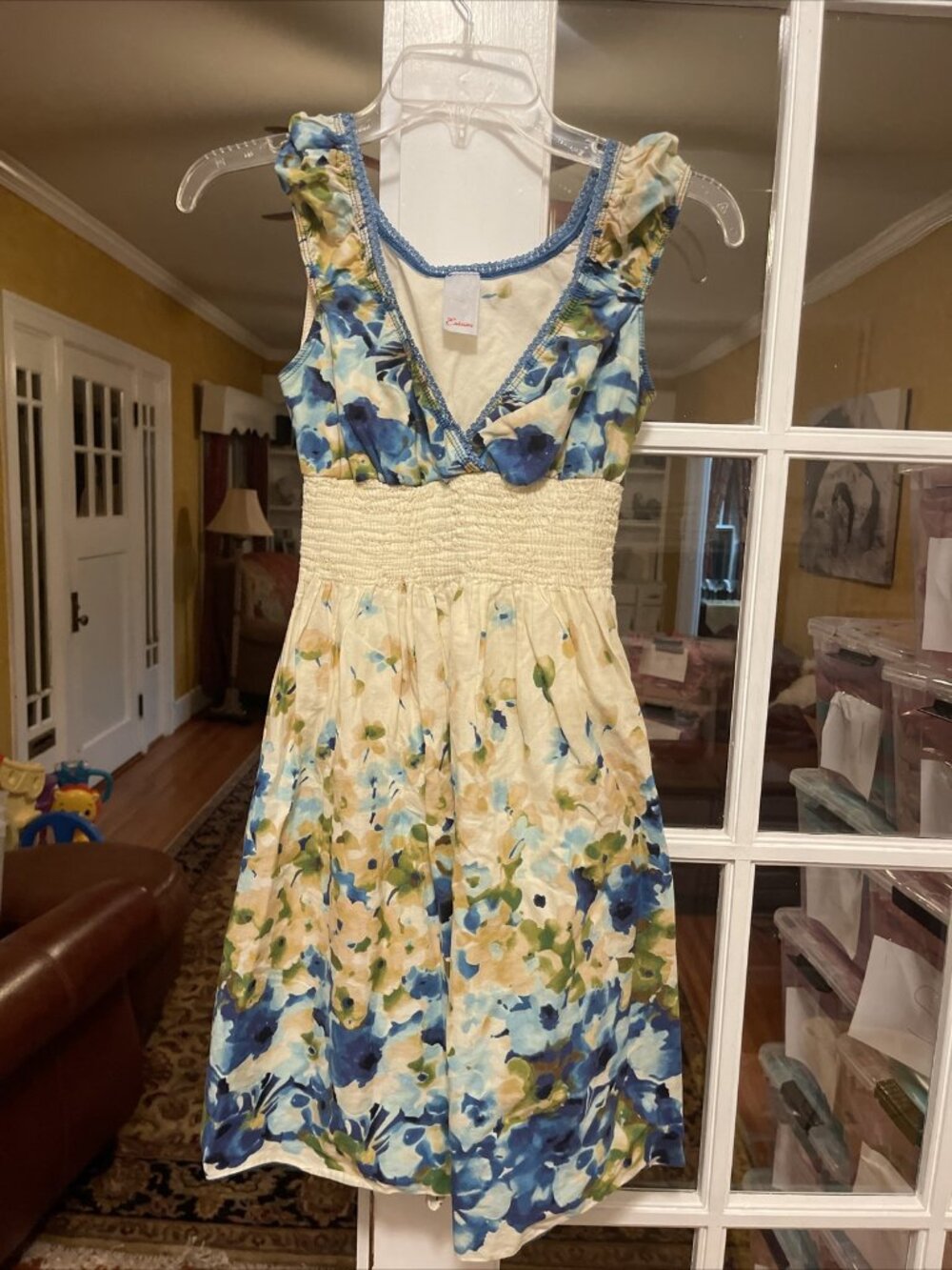 Estam Womens Dress Medium Colorful Summer Lightweight Floral Smocked  Cotton